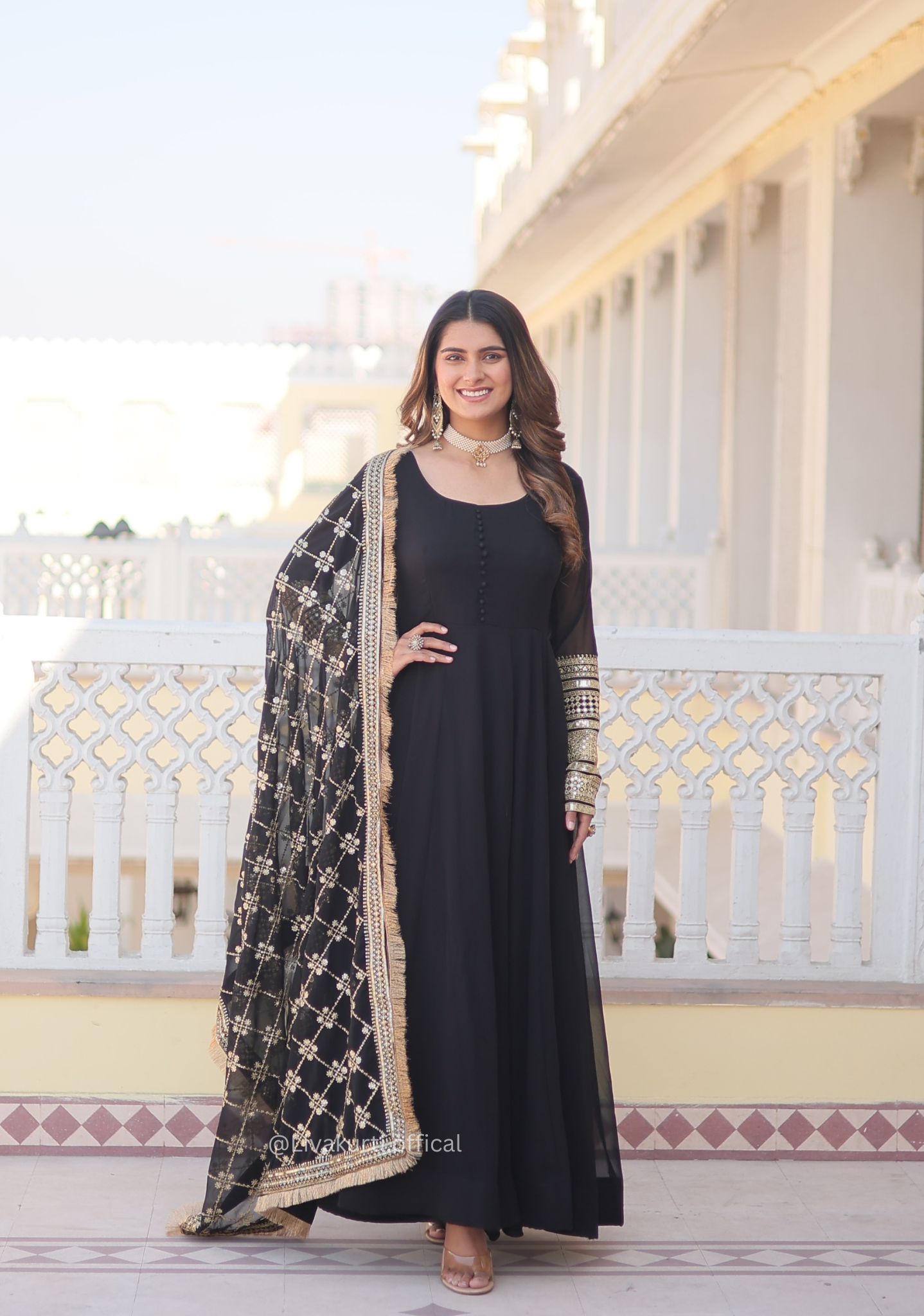 Black Blooming Gown with Dupatta Set