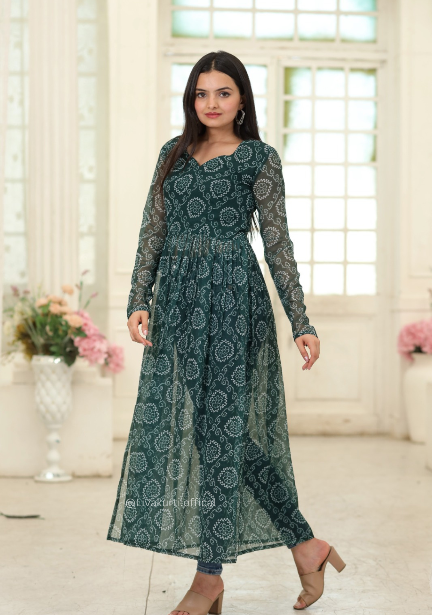 Nayra Cut Bandhej Print Green Colour Kurti