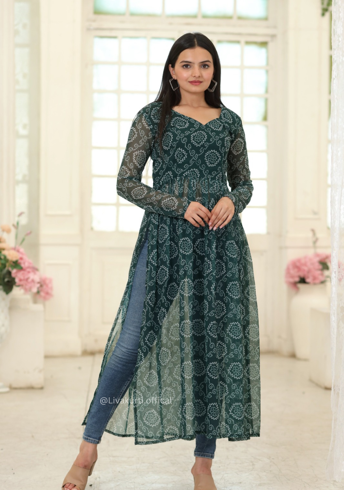 Nayra Cut Bandhej Print Green Colour Kurti