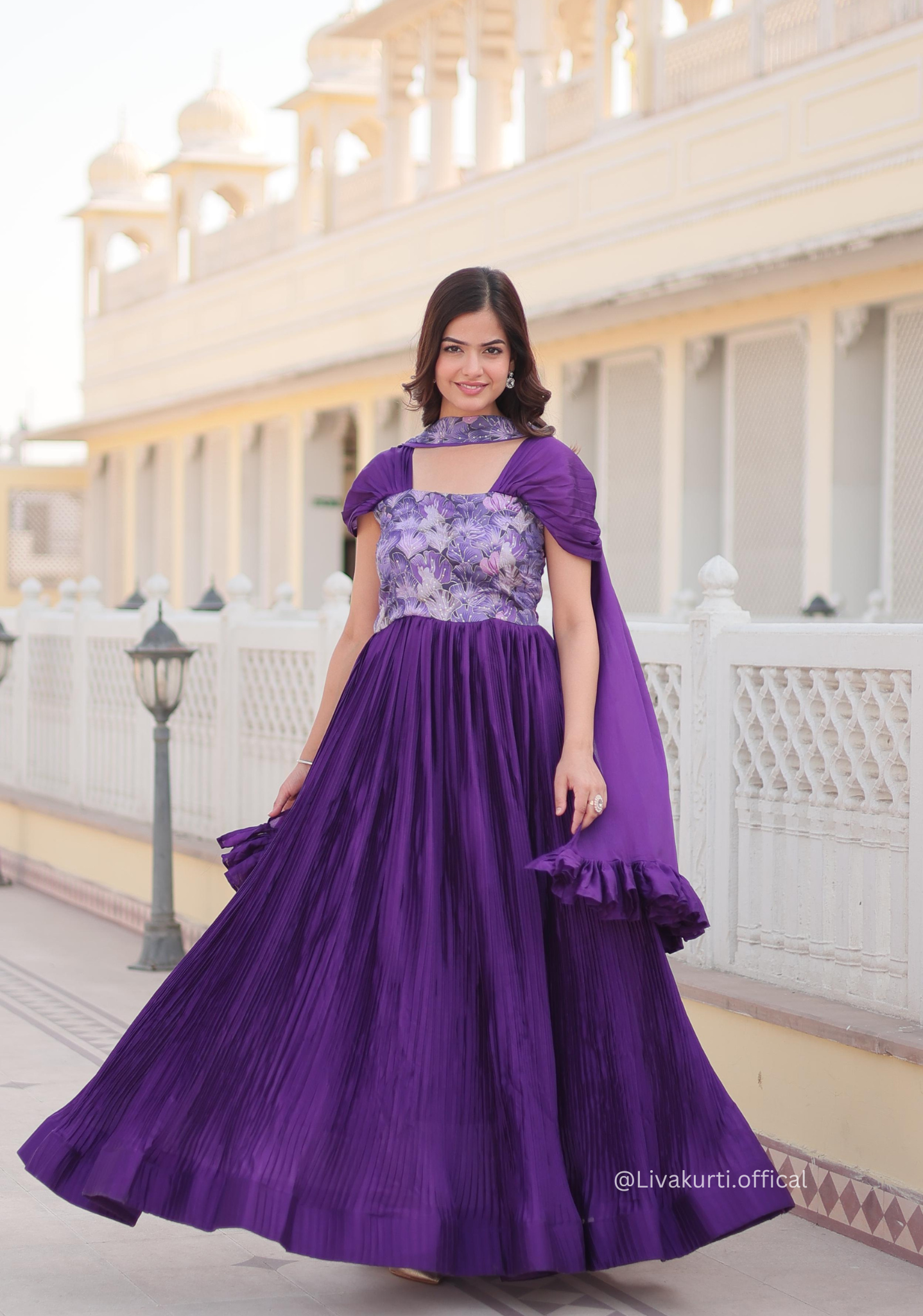 Purple Colour Chinnon Crush Pleating Gown Set