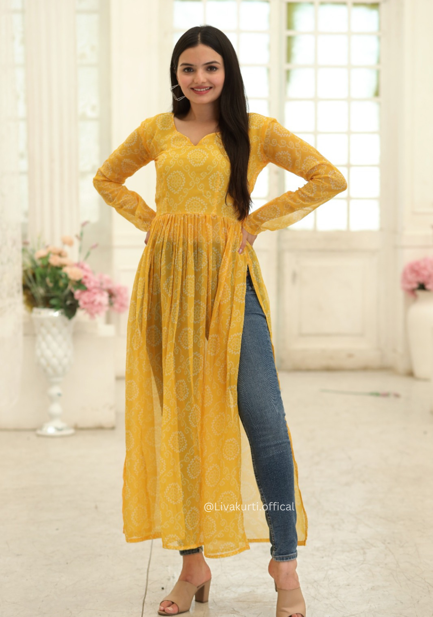 Nayra Cut Bandhej Print Yellow Colour Kurti