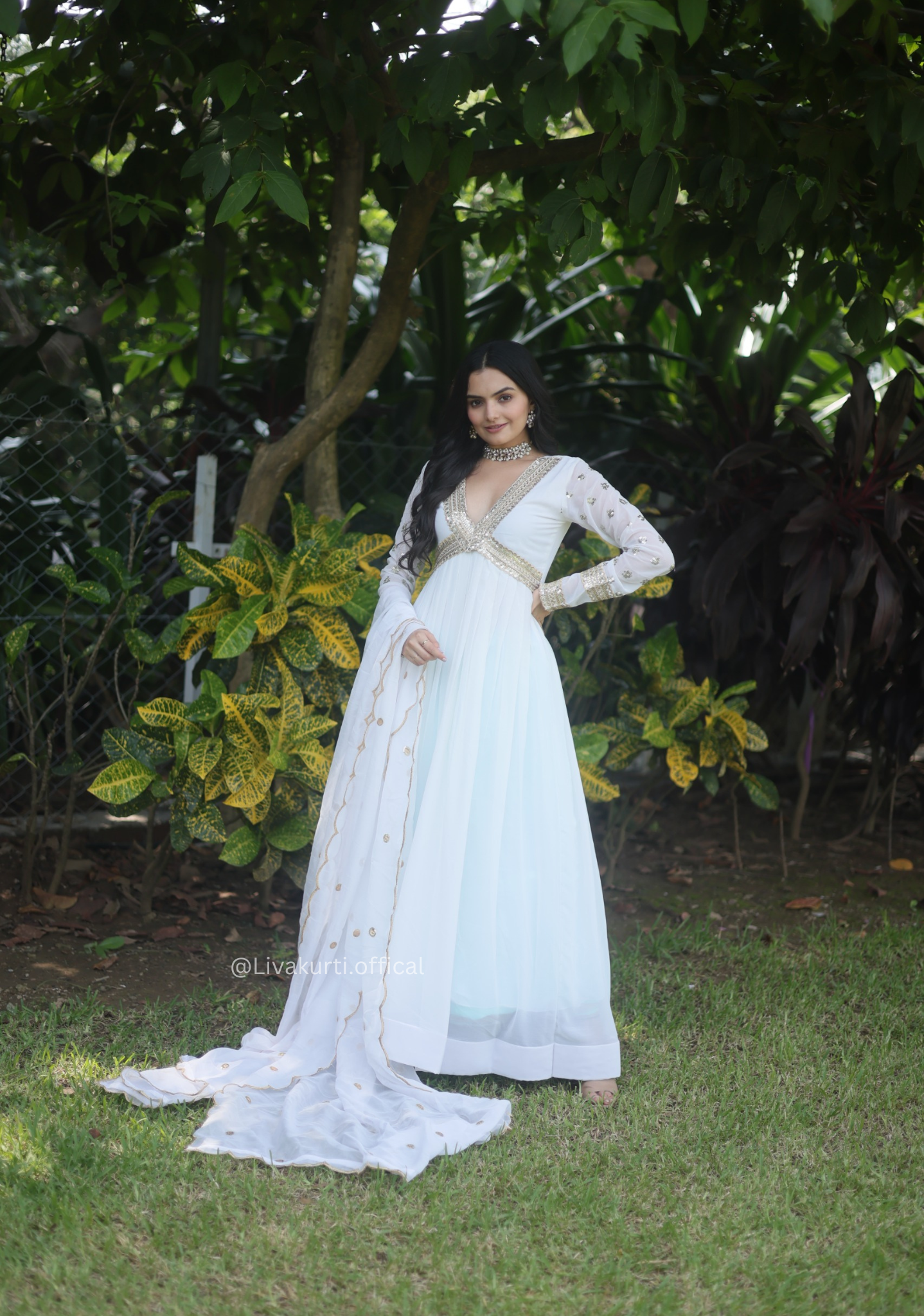 White Alia Cut Gown With Dupatta Set