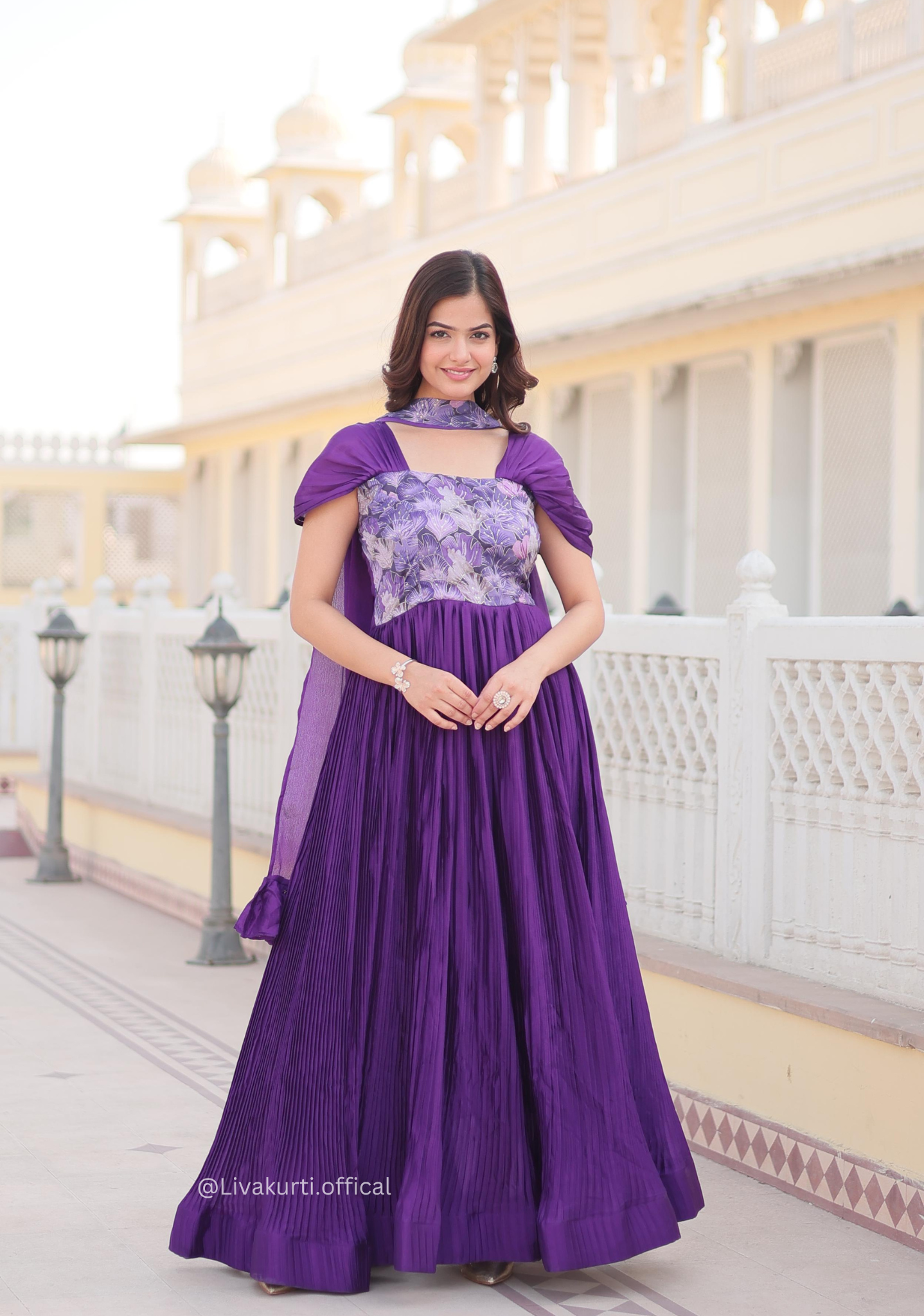 Purple Colour Chinnon Crush Pleating Gown Set