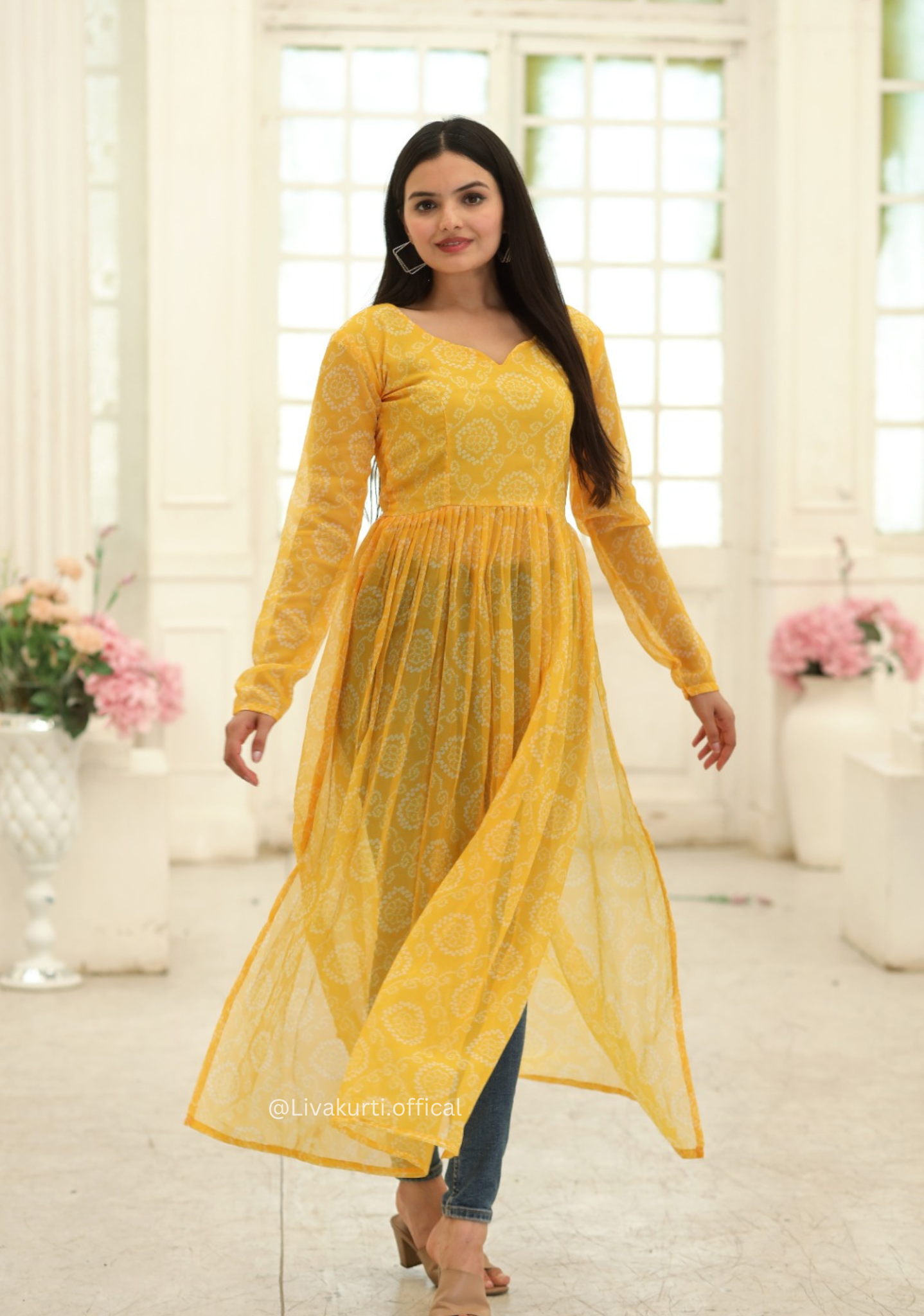 Nayra Cut Bandhej Print Yellow Colour Kurti