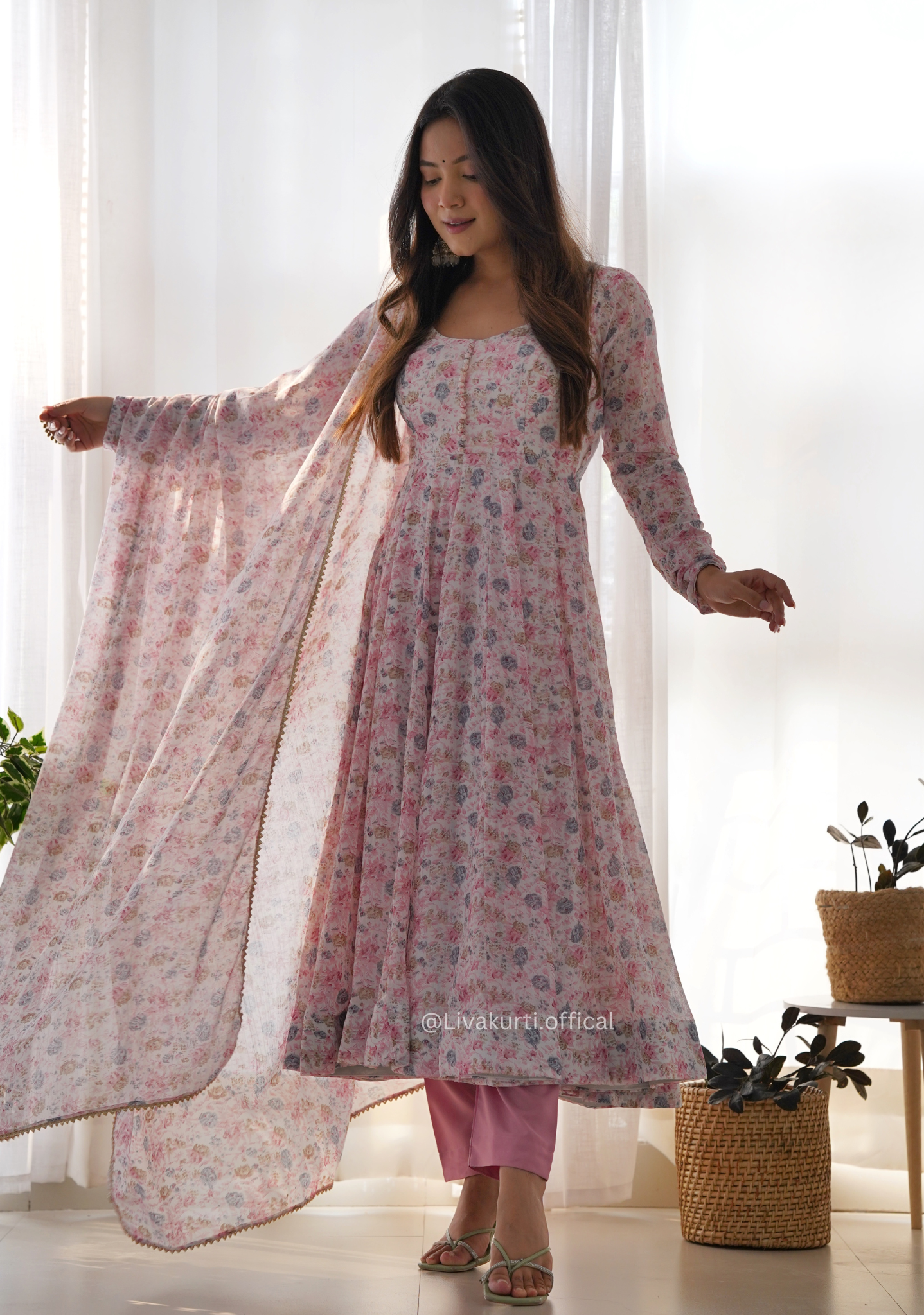 Floral Chiffon Organza Silk Anarkali Kurti