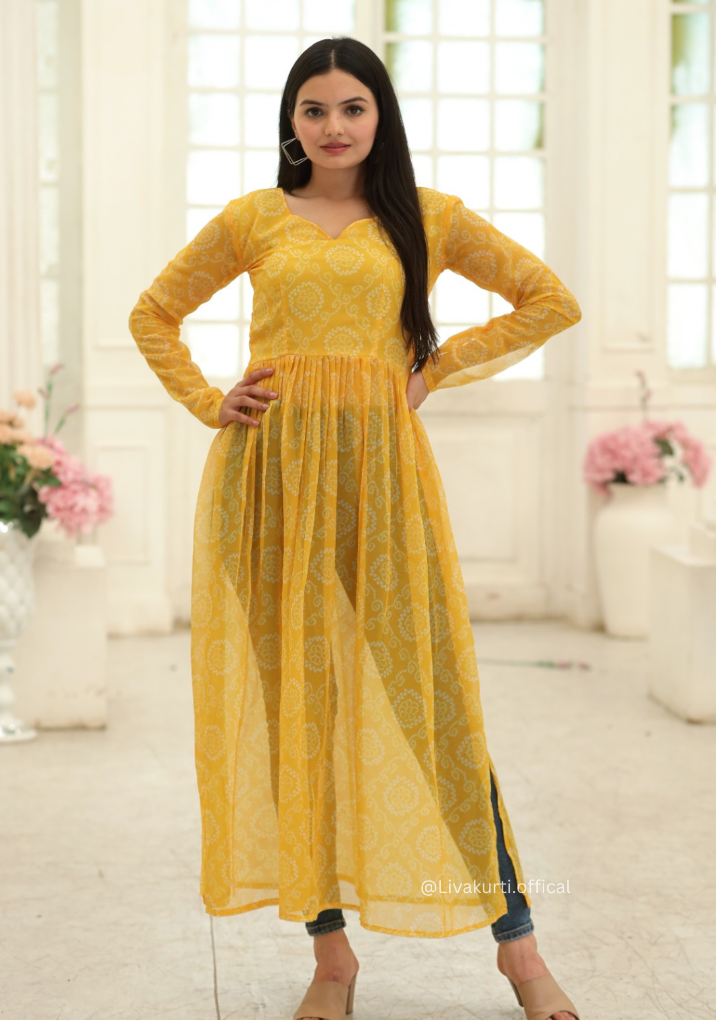 Nayra Cut Bandhej Print Yellow Colour Kurti