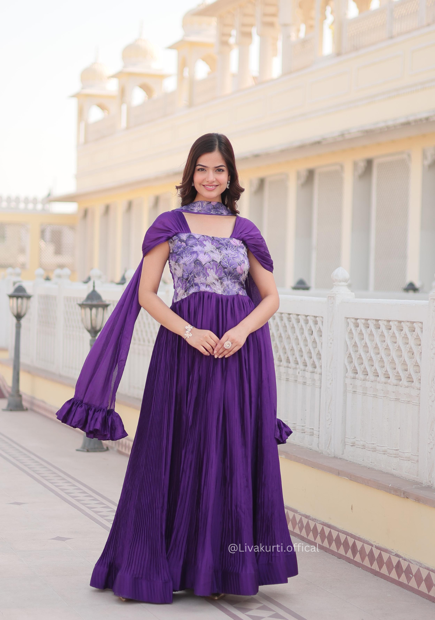 Purple Colour Chinnon Crush Pleating Gown Set