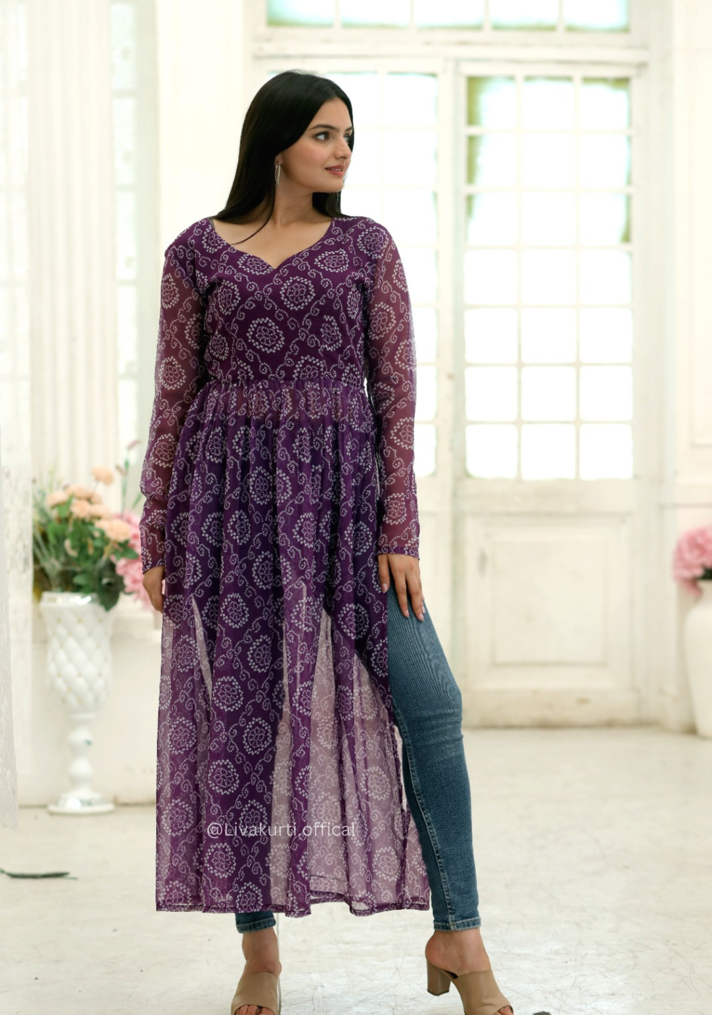 Nayra Cut Bandhej Print Wine Colour Kurti