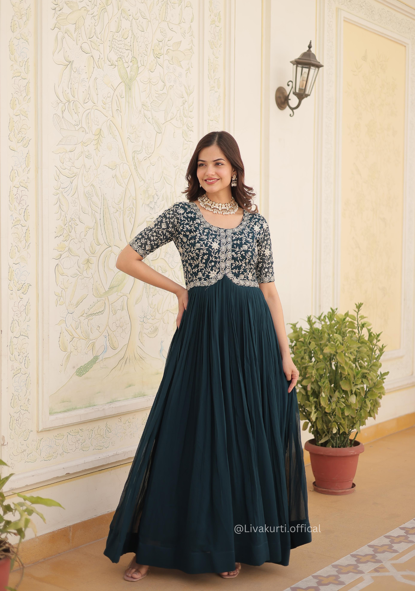 Rama Colour Faux Blooming with Embroidery Zari Work