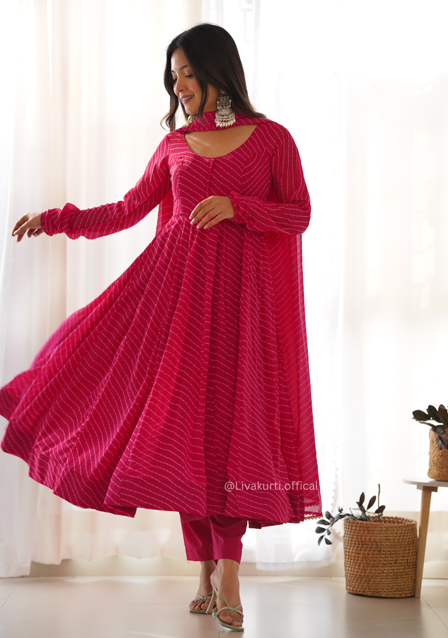 Pink Laheriya Print Anarkali Kurti