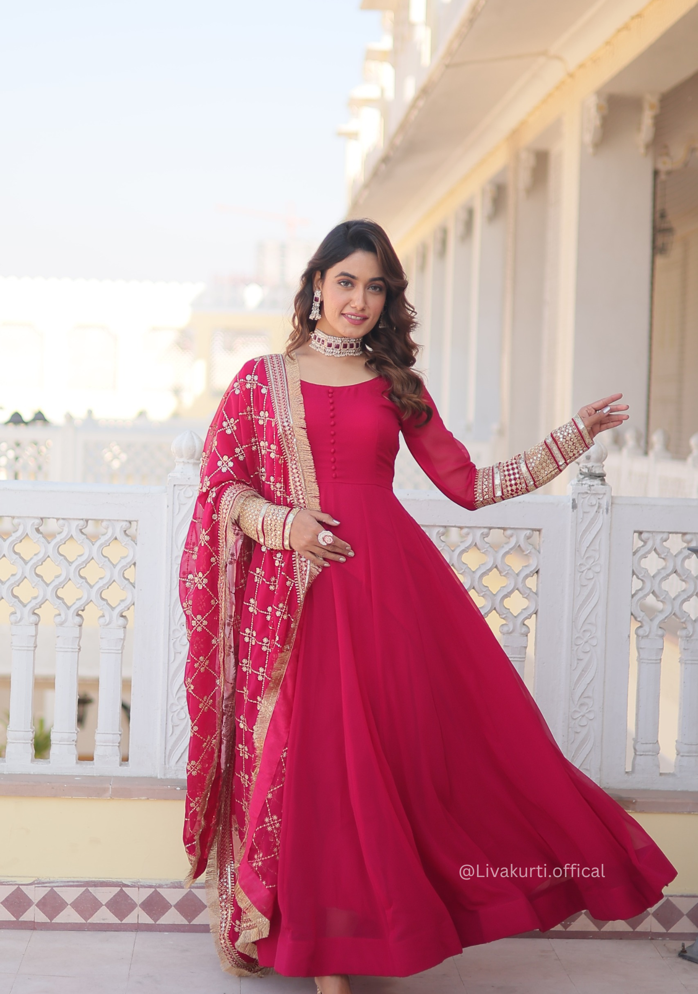 Pink Blooming Gown with Dupatta Set