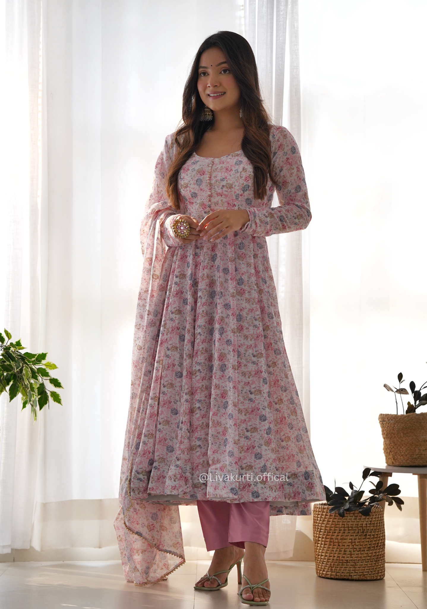 Floral Chiffon Organza Silk Anarkali Kurti