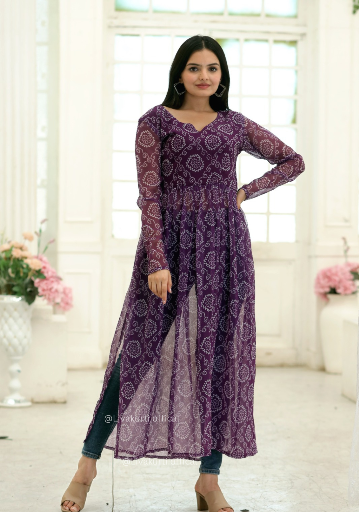 Nayra Cut Bandhej Print Wine Colour Kurti