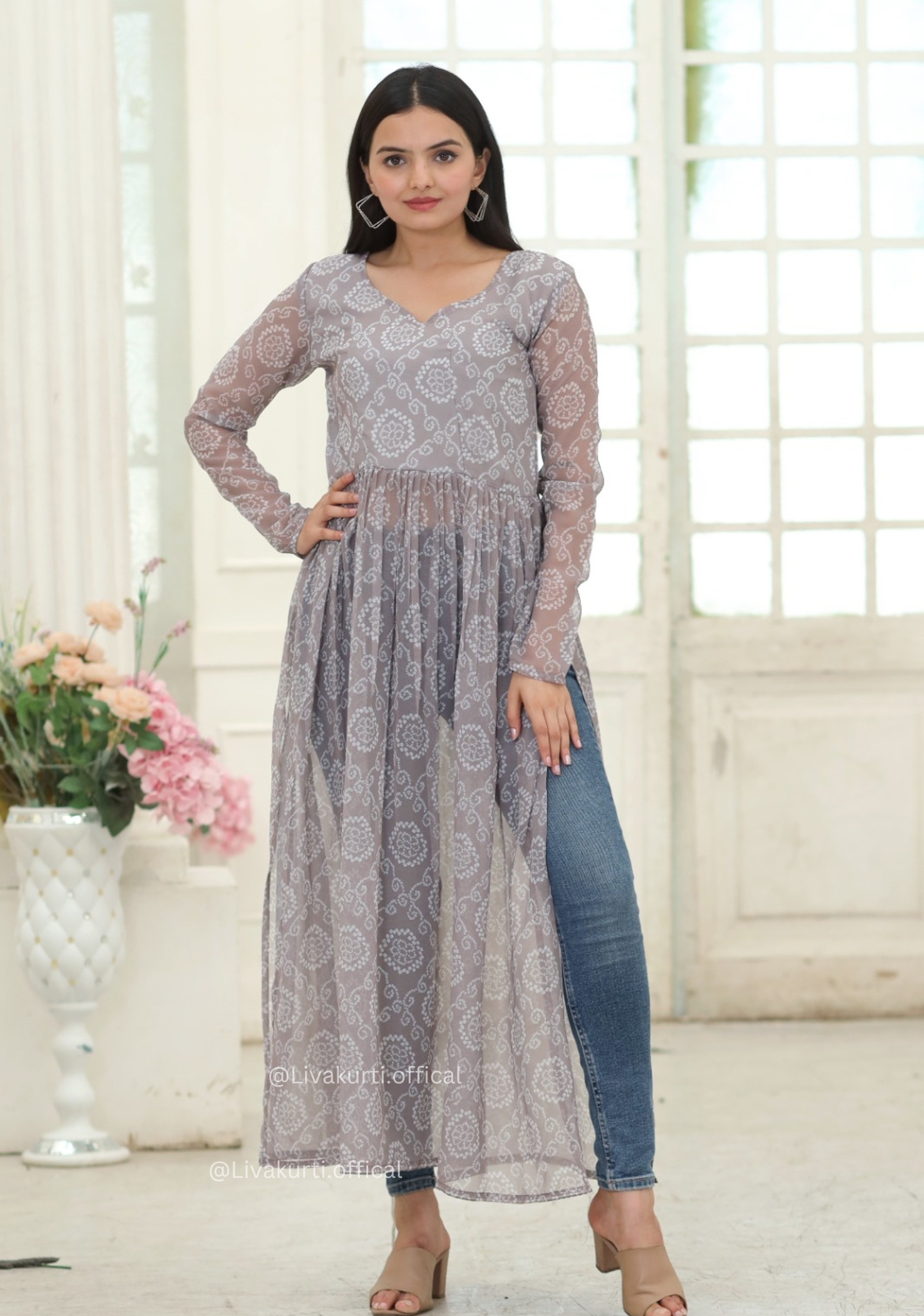 Nayra Cut Bandhej Print Grey Colour Kurti