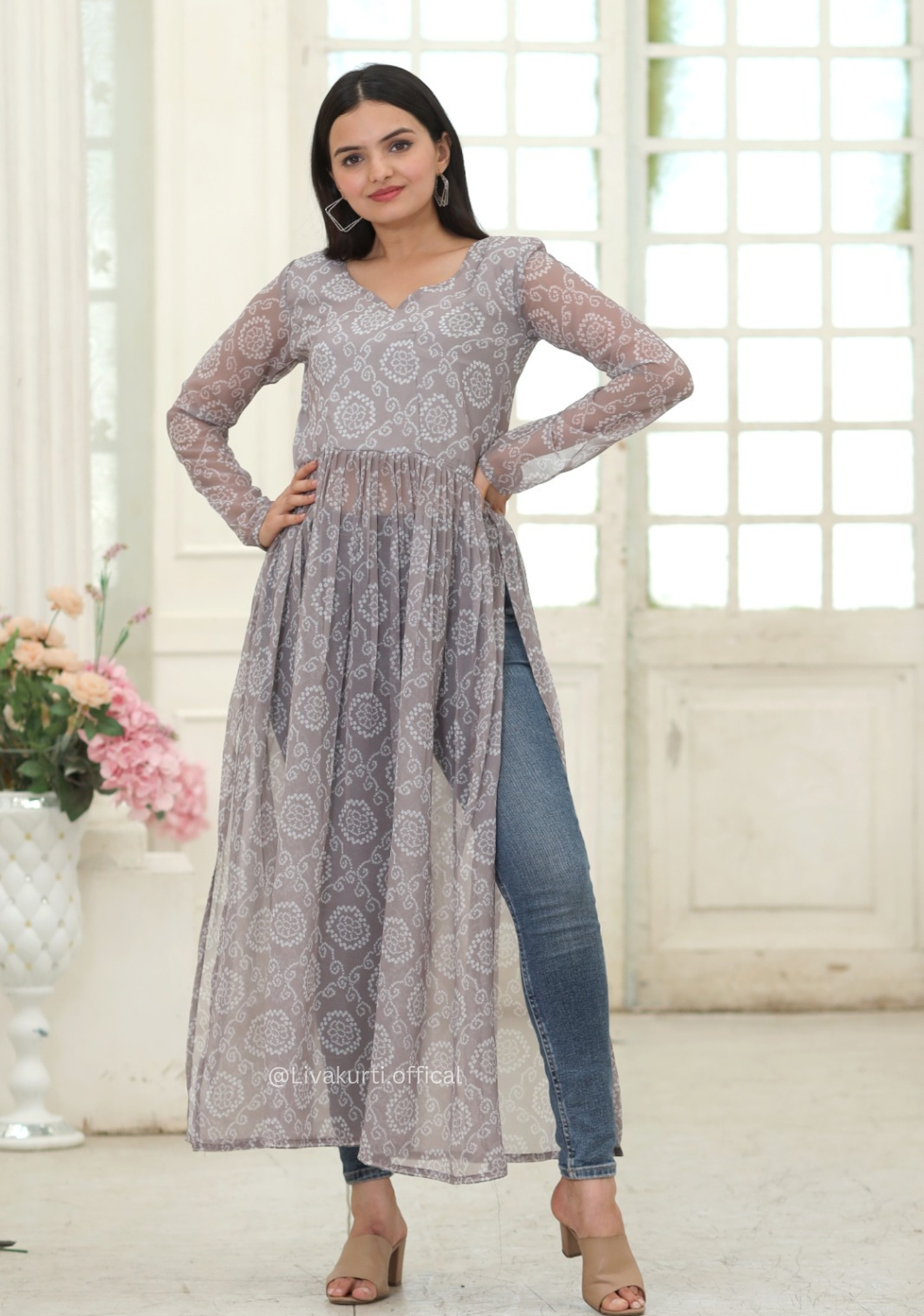 Nayra Cut Bandhej Print Grey Colour Kurti