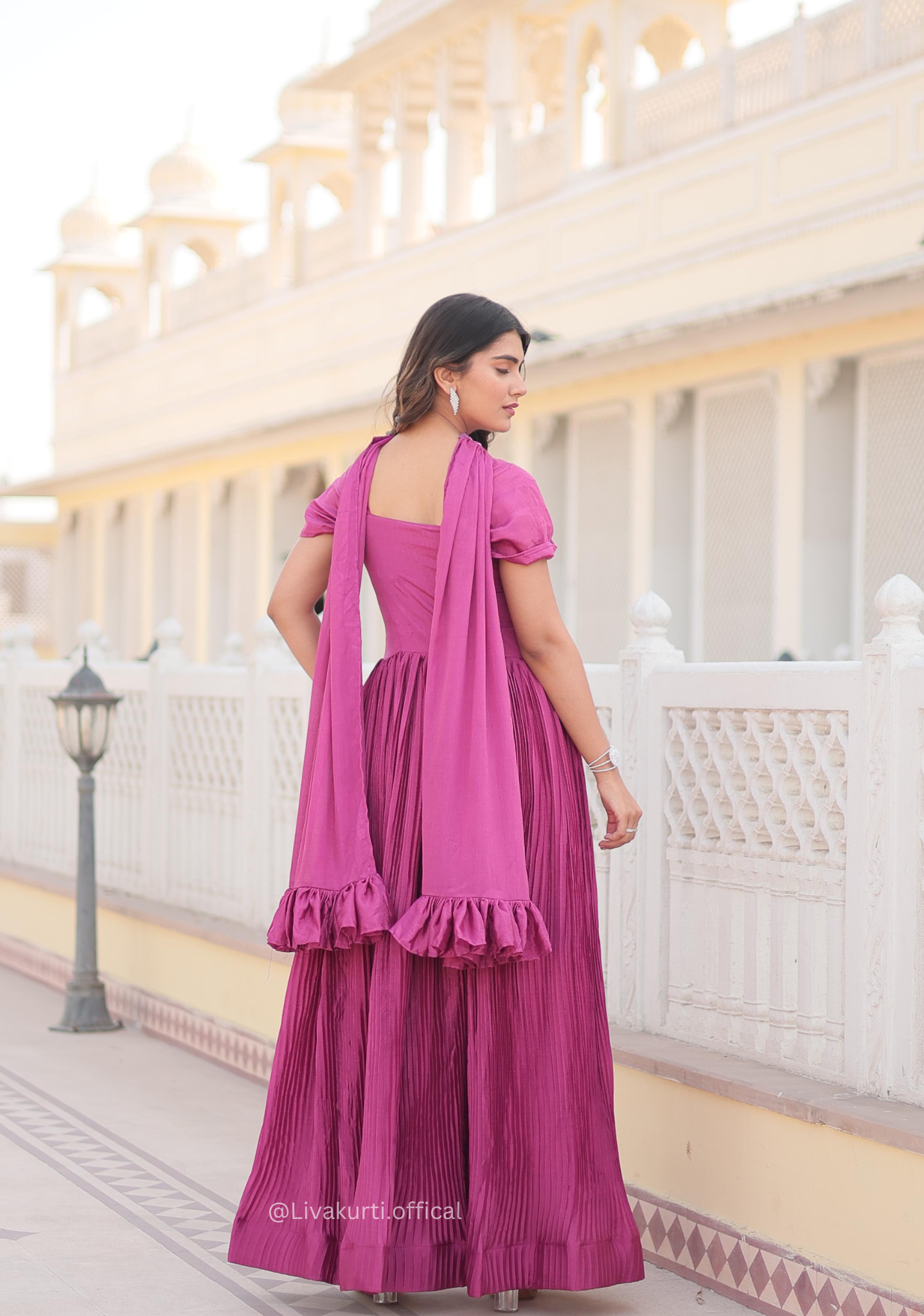 Pink Colour Chinnon Crush Pleating Gown Set