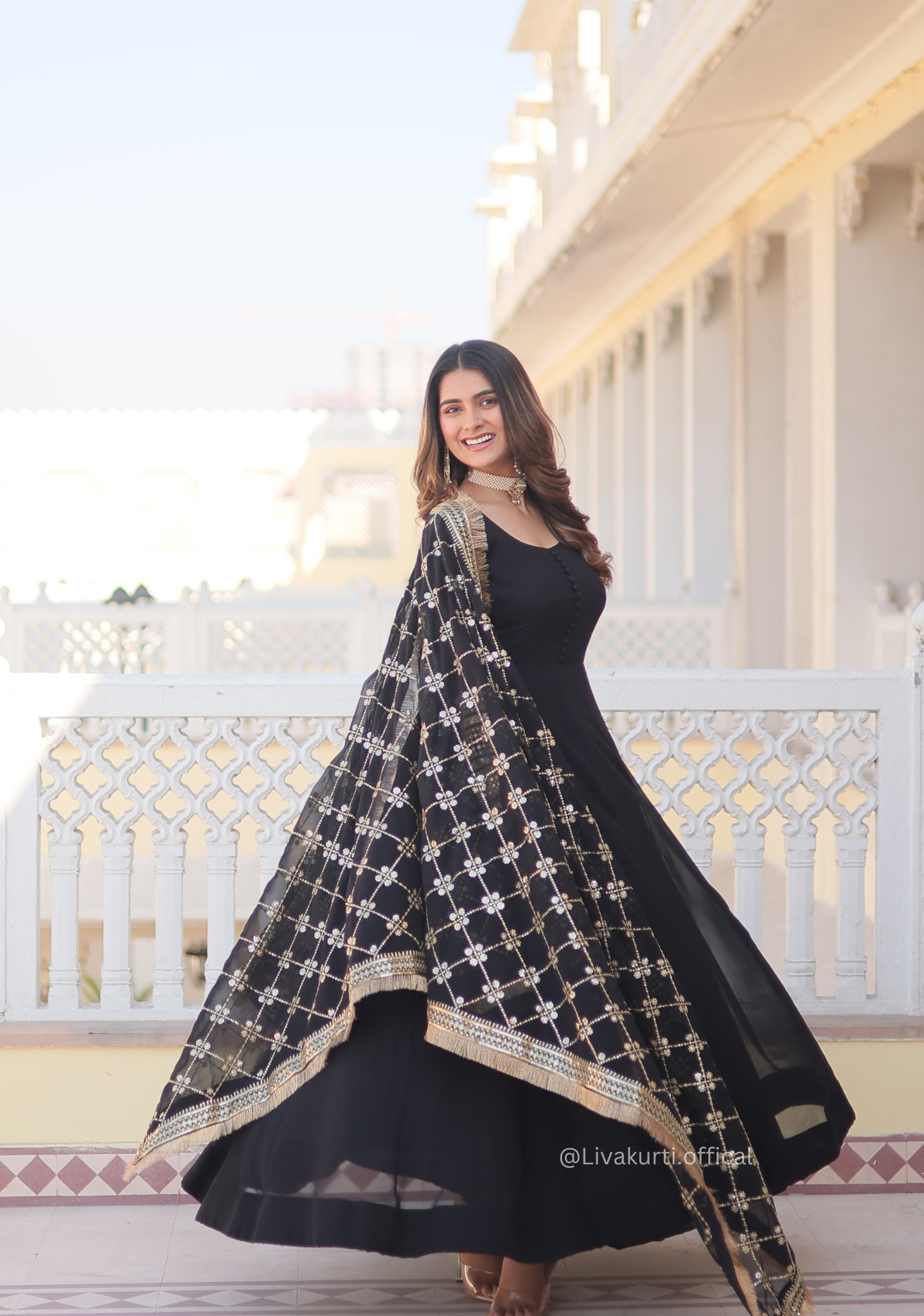 Black Blooming Gown with Dupatta Set