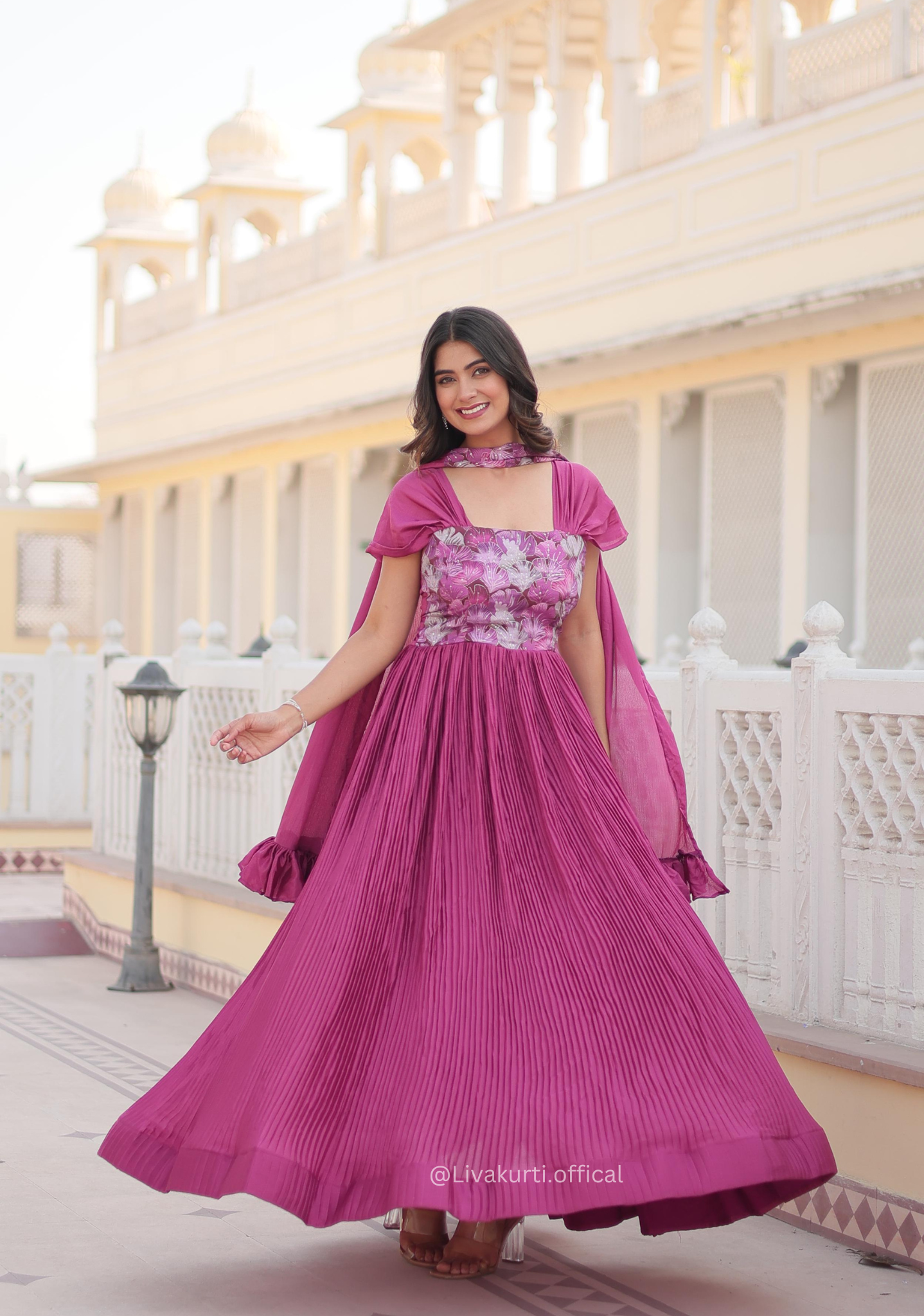 Pink Colour Chinnon Crush Pleating Gown Set