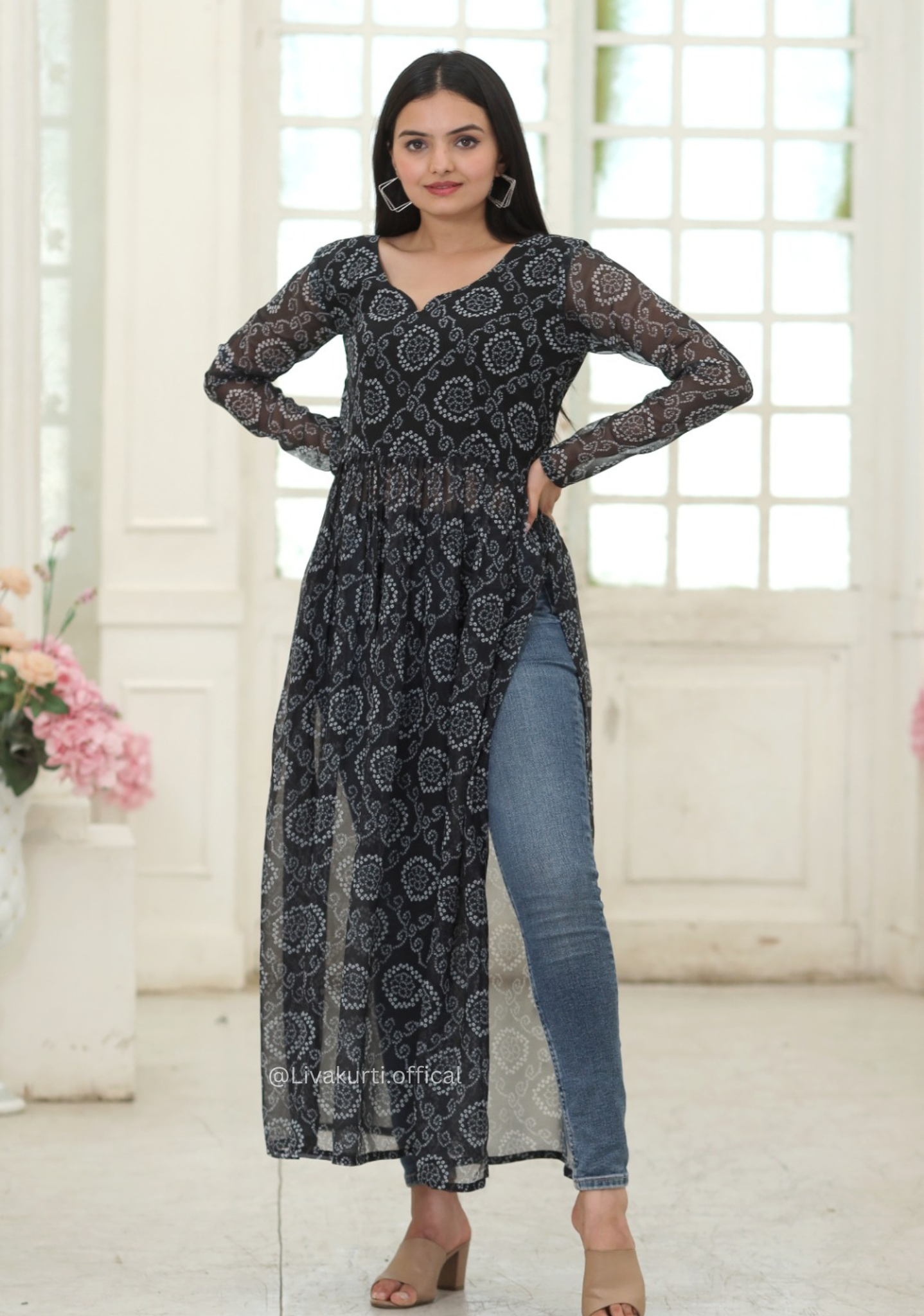 Nayra Cut Bandhej Print Black Colour Kurti