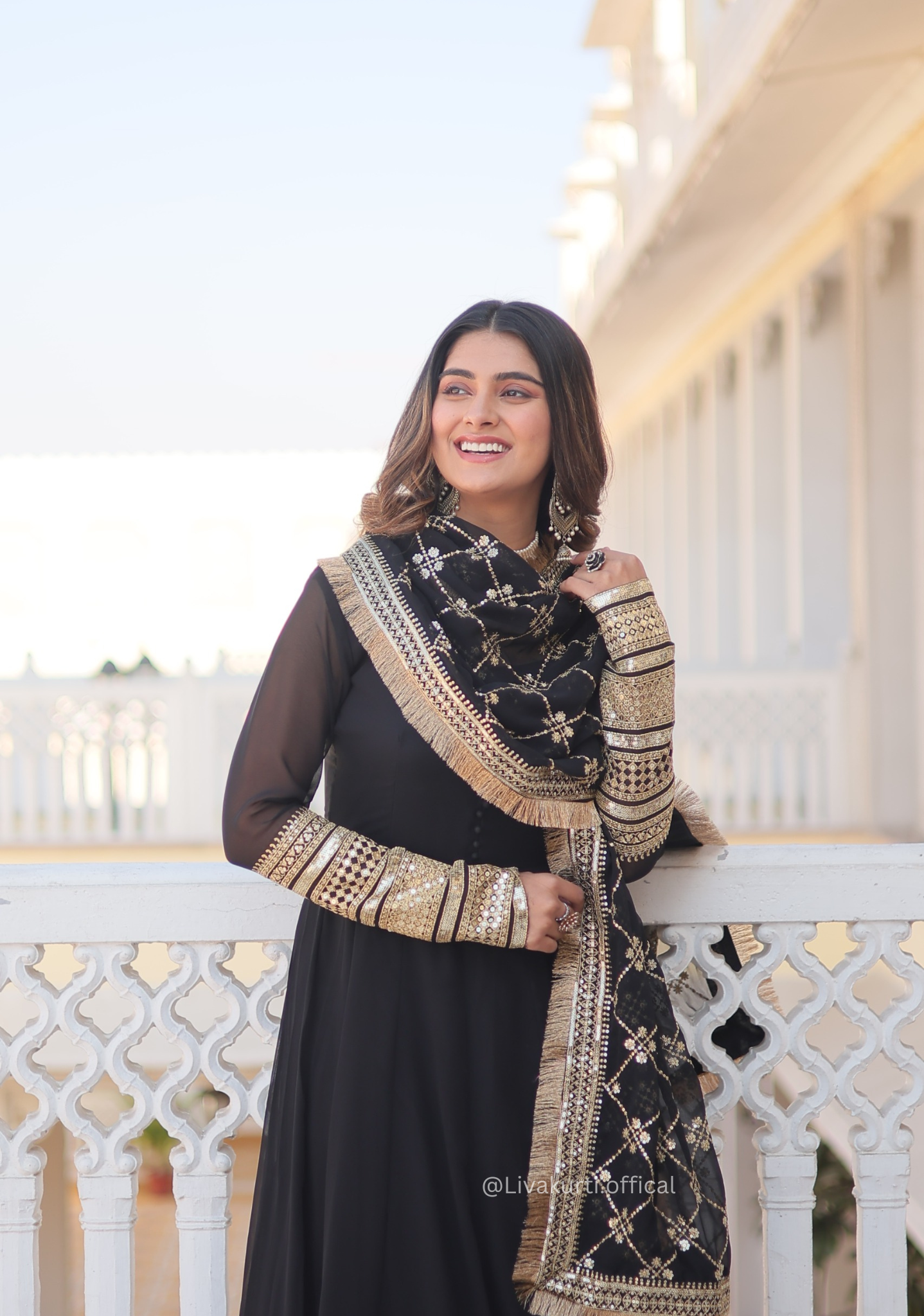 Black Blooming Gown with Dupatta Set