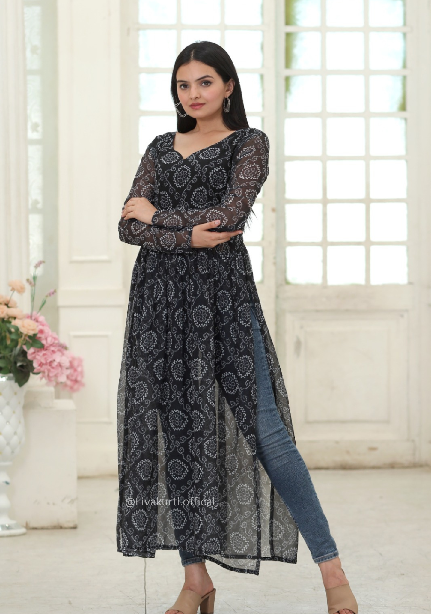 Nayra Cut Bandhej Print Black Colour Kurti