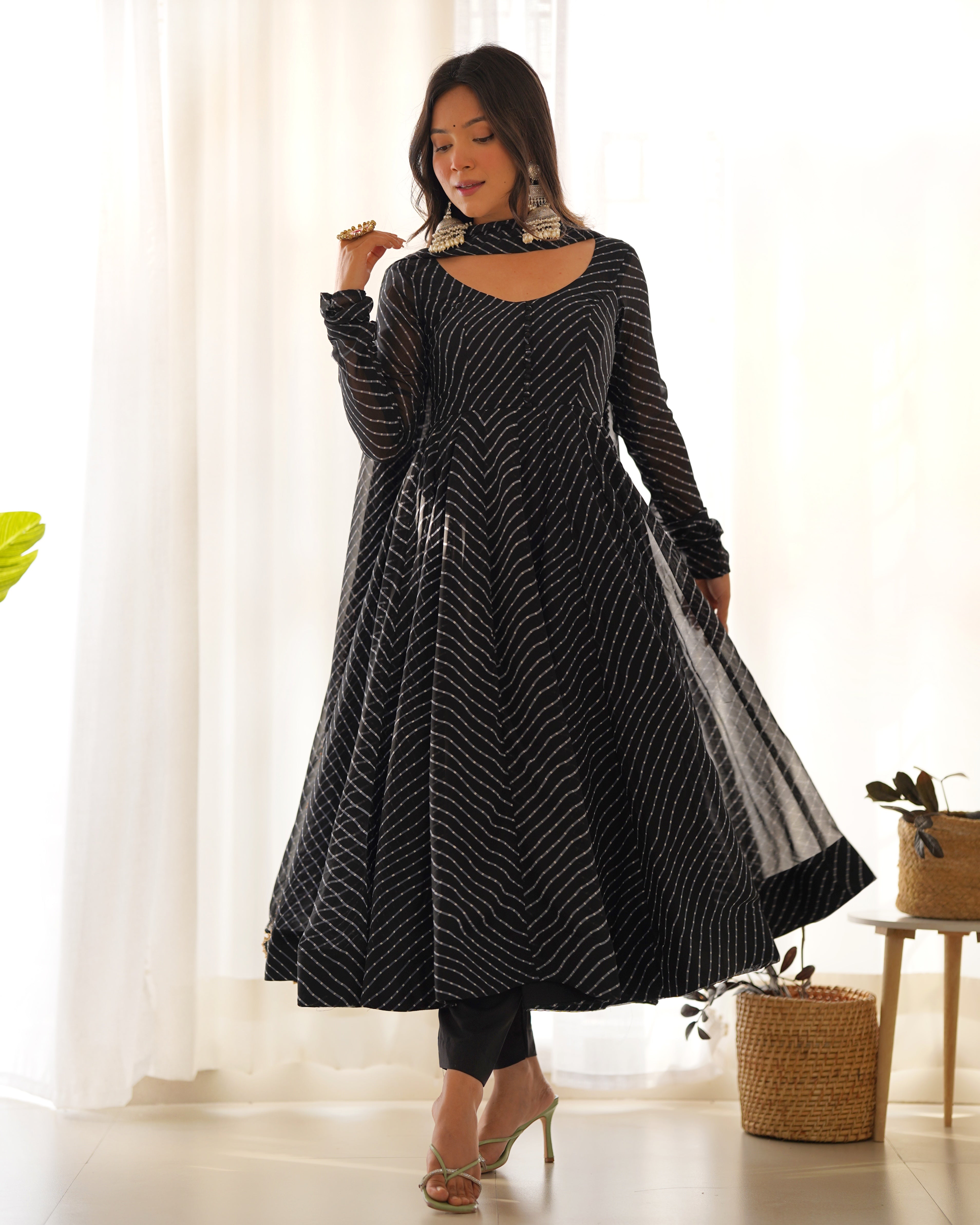 Black Laheriya Print Anarkali Kurti