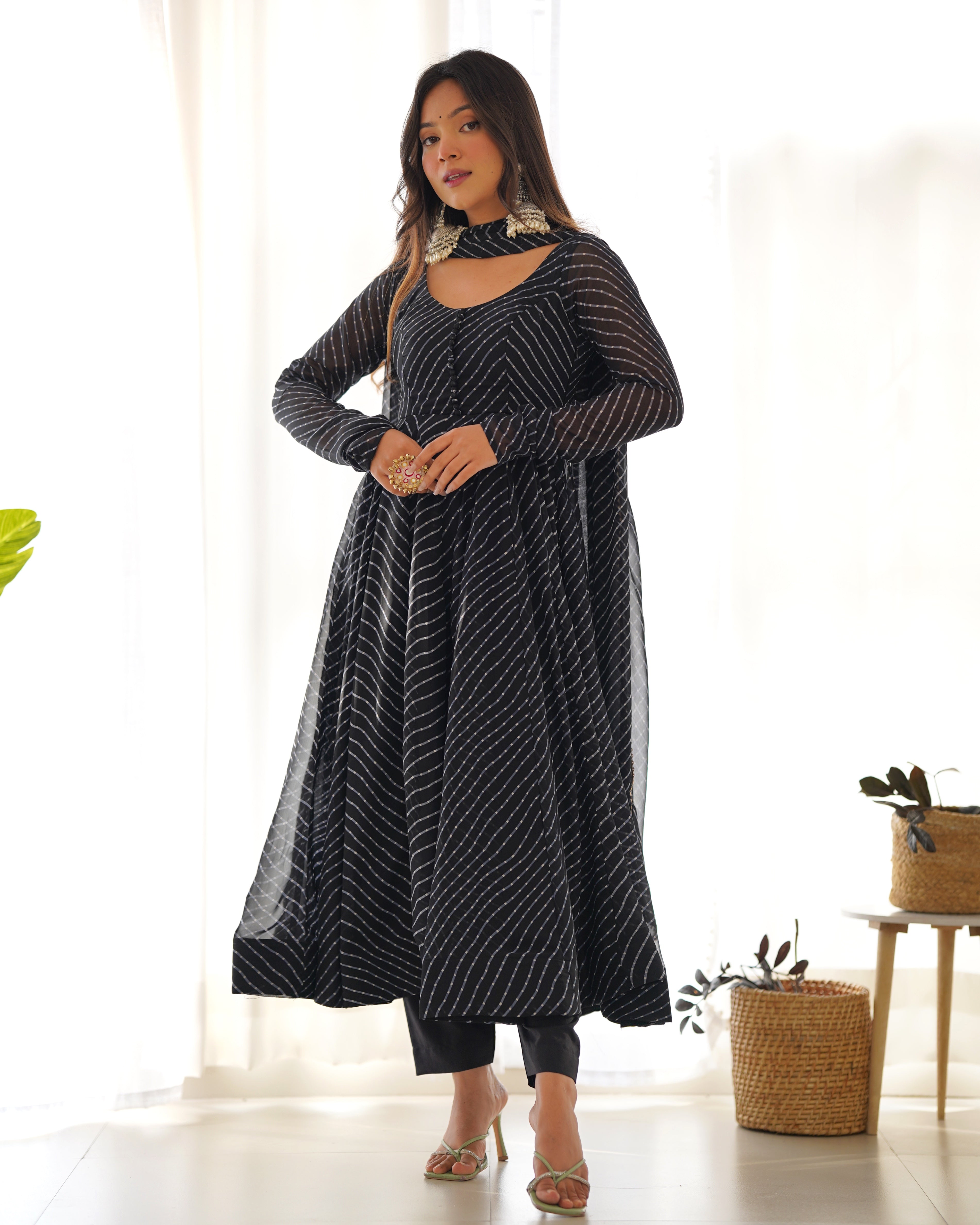 Black Laheriya Print Anarkali Kurti