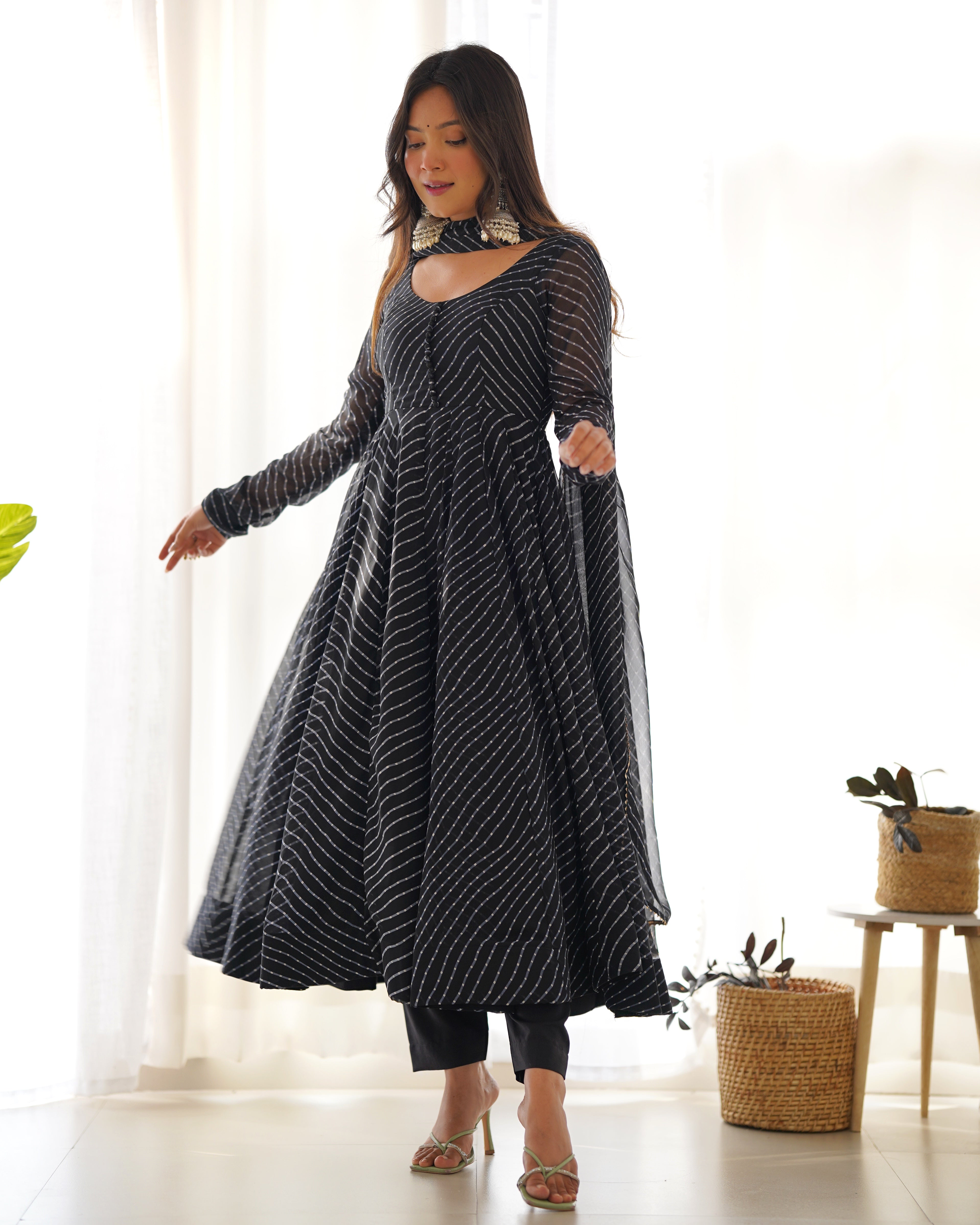 Black Laheriya Print Anarkali Kurti