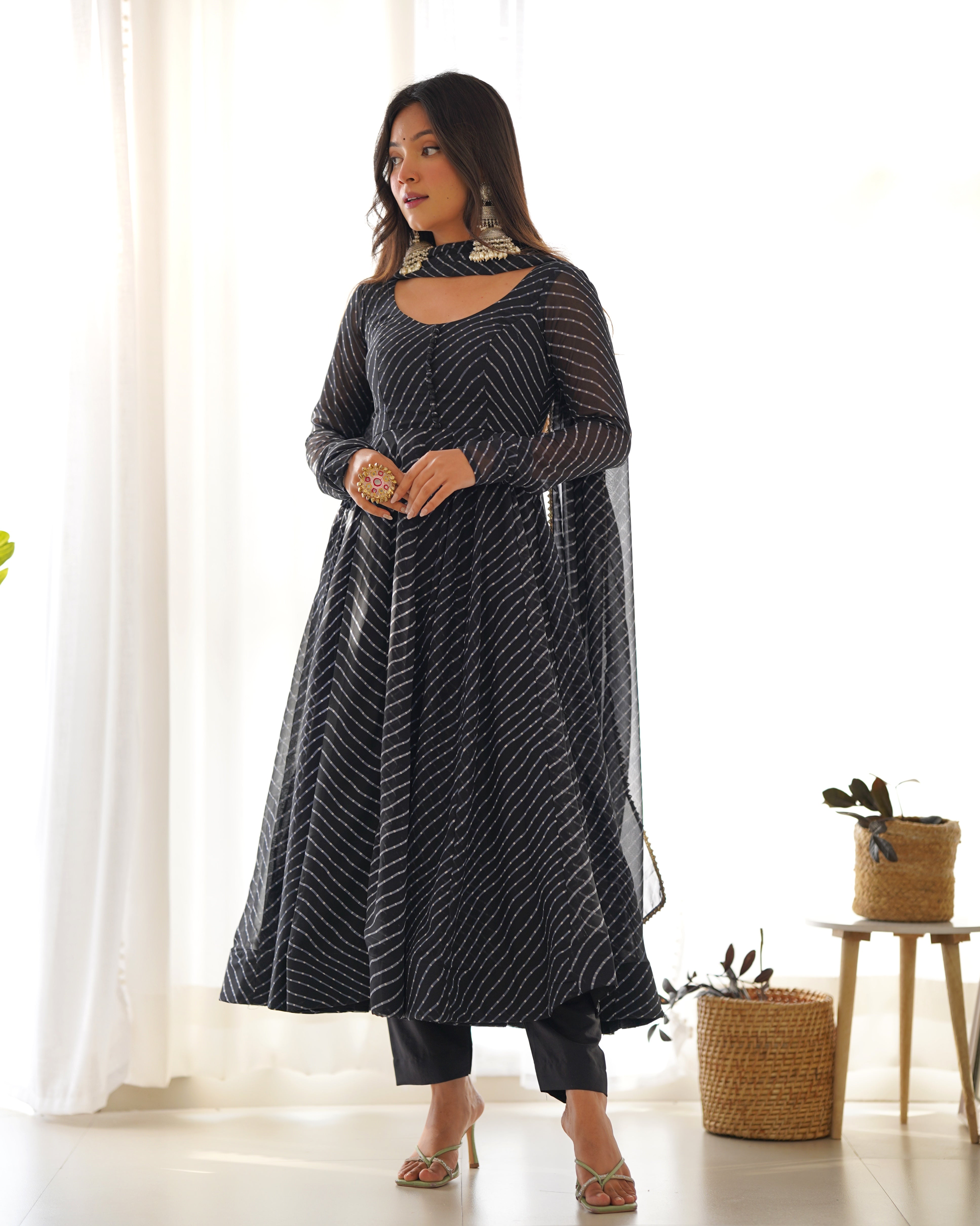 Black Laheriya Print Anarkali Kurti